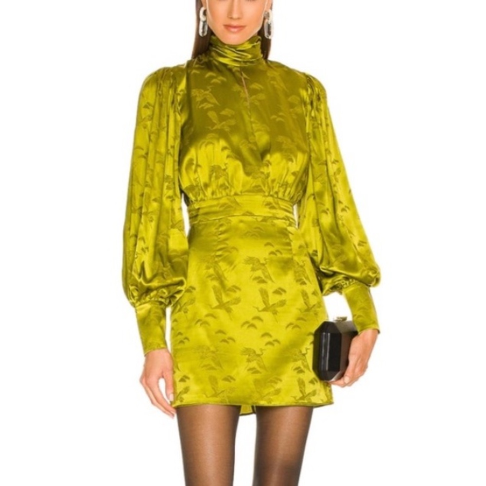 Ronny Kobo Collection Satin Olive Green High-Neck Mini Dress